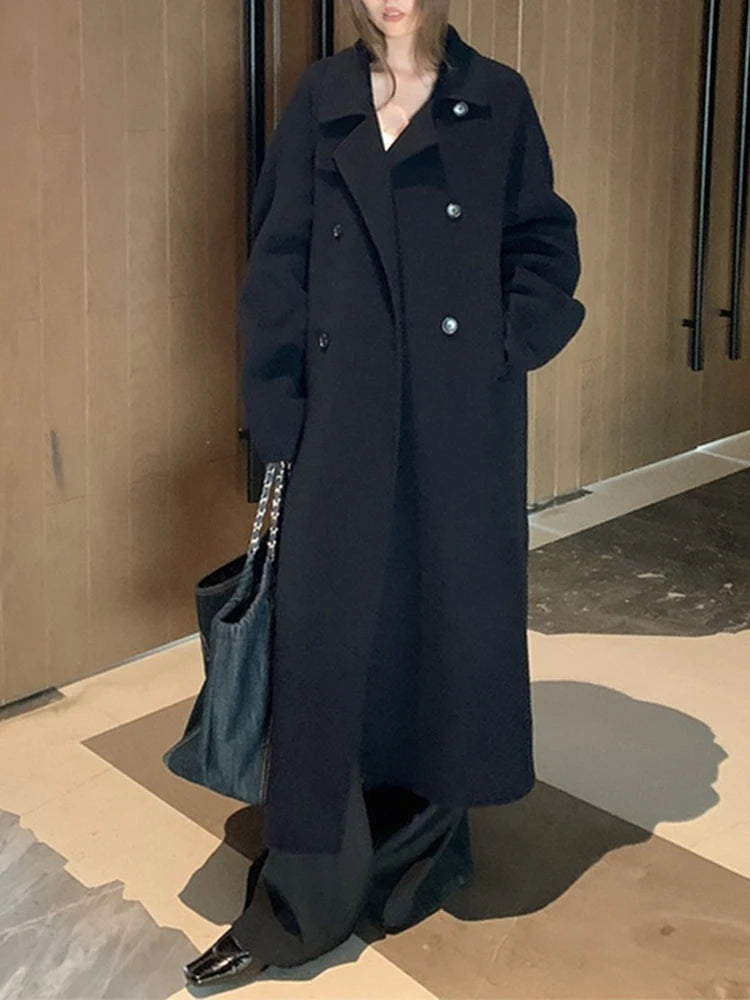 Double Breasted Office Lady Cashmere Woolen Jackets 2025 Autumn And Winter Stand Collar Loose Lace-Up Women's Long Wool Coats