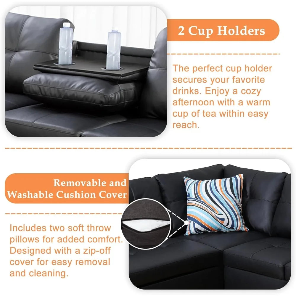 Sectional Sofa Couch, Modern 4-Seaters Living Room Furniture Sets with Chaise Lounge, Ottoman & 2 Pillows | L Shape Couch