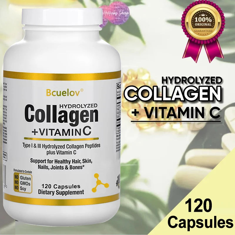 Bcuelov Type I & III Hydrolyzed Collagen Peptides Plus Vitamin C Supports Healthy Hair, Skin, Nails, Joints & Bones