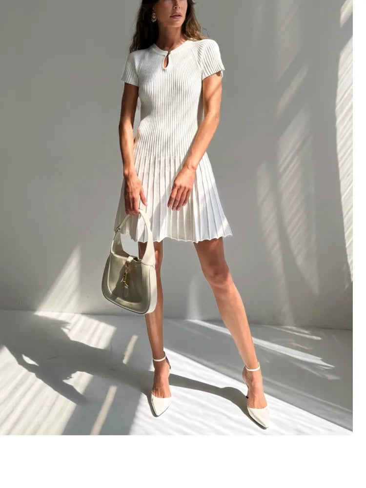 Ribbed Knitting A-line Short Dress Chic Elegant Slim Summer Dress 2025 Short Sleeve Round Neck Fashion New Dresses Vestidos