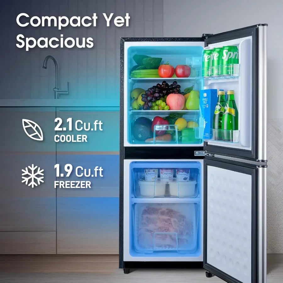 Fridge with Bottom Freezer and Drawer 4.0 Cu.Ft Double Door Refrigerator with 7 Adjustable Temperature Settings for Bedroom Dor