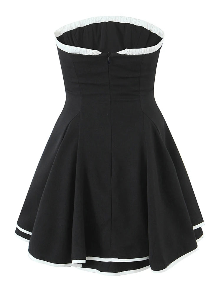 Chu Sau beauty Women New Fashion Sweet Bow Tie Chic Patchwork Mini Dress Sexy Slim Backless Vintage Strapless Short Dresses