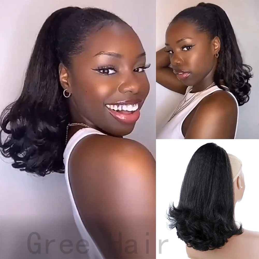 16Inch Synthetic Nature Black Drawstring Ponytails for Black Womens Yaki Straight Hair Extensions Warping For Daily Party Use