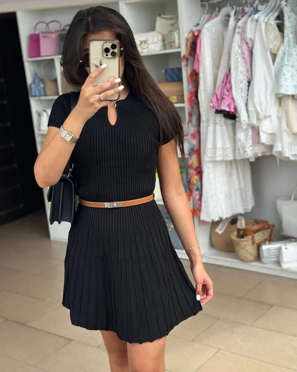 Ribbed Knitting A-line Short Dress Chic Elegant Slim Summer Dress 2025 Short Sleeve Round Neck Fashion New Dresses Vestidos
