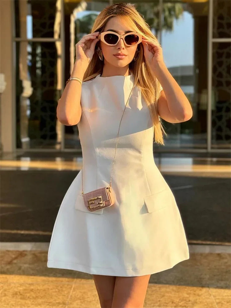 Tossy White Slim Women's Mini Dress Sleeveless Casual Pocket High Waist Elegant Party Dress Patchwork Fashion Solid Ladies Dress