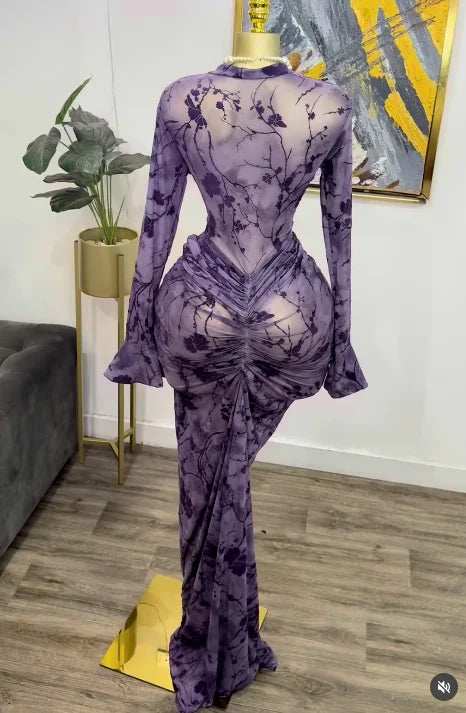 CM.YAYA Women Long Sleeve Stacked Mesh See Though with Lining Bodycon Long Dress 2025 Autumn Evening Birthday Sexy Party Dresses