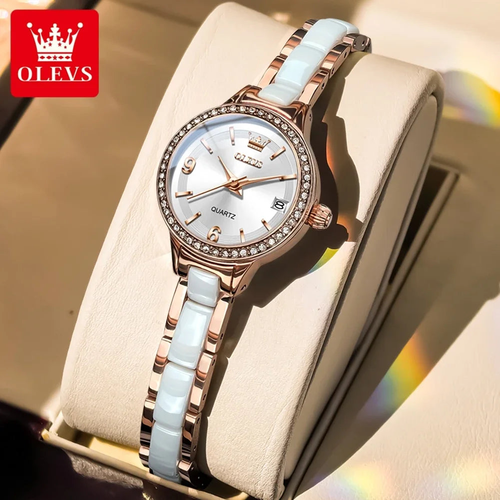 OLEVS Luxury Quartz Watch Women Elegant Ceramics Strap Waterproof Auto Date Luxury Lap Ladies Watches 7093