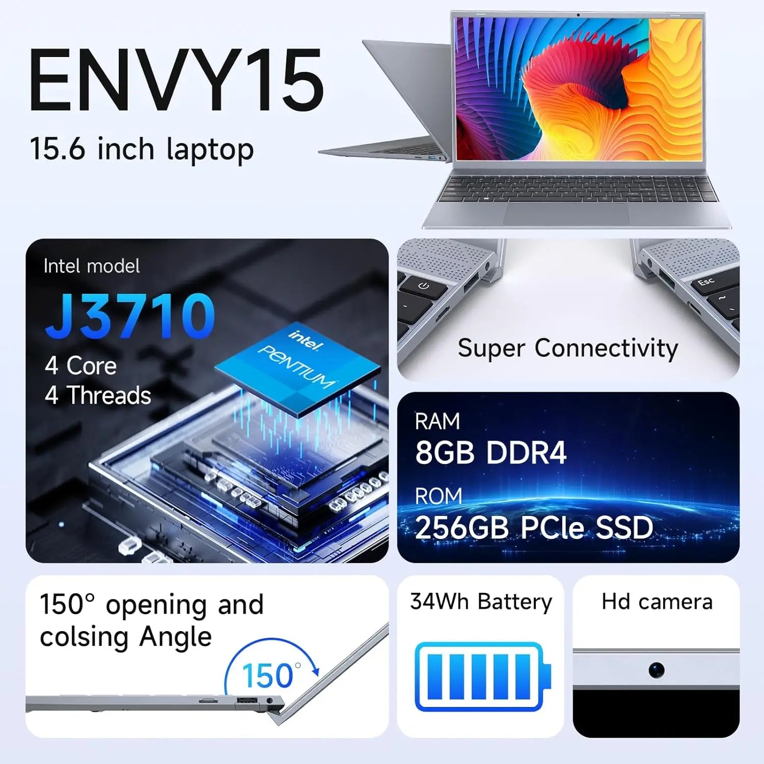 15.6″ Laptop — Intel Pentium J3710, 8GB RAM, 256GB SSD, Windows 11, FHD IPS, Wi-Fi 5, Slim Design (Dark Gray)