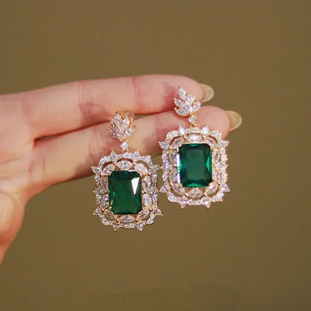 Green Crystal Drop Earrings | Elegant Zirconia Luxury Jewelry for Women