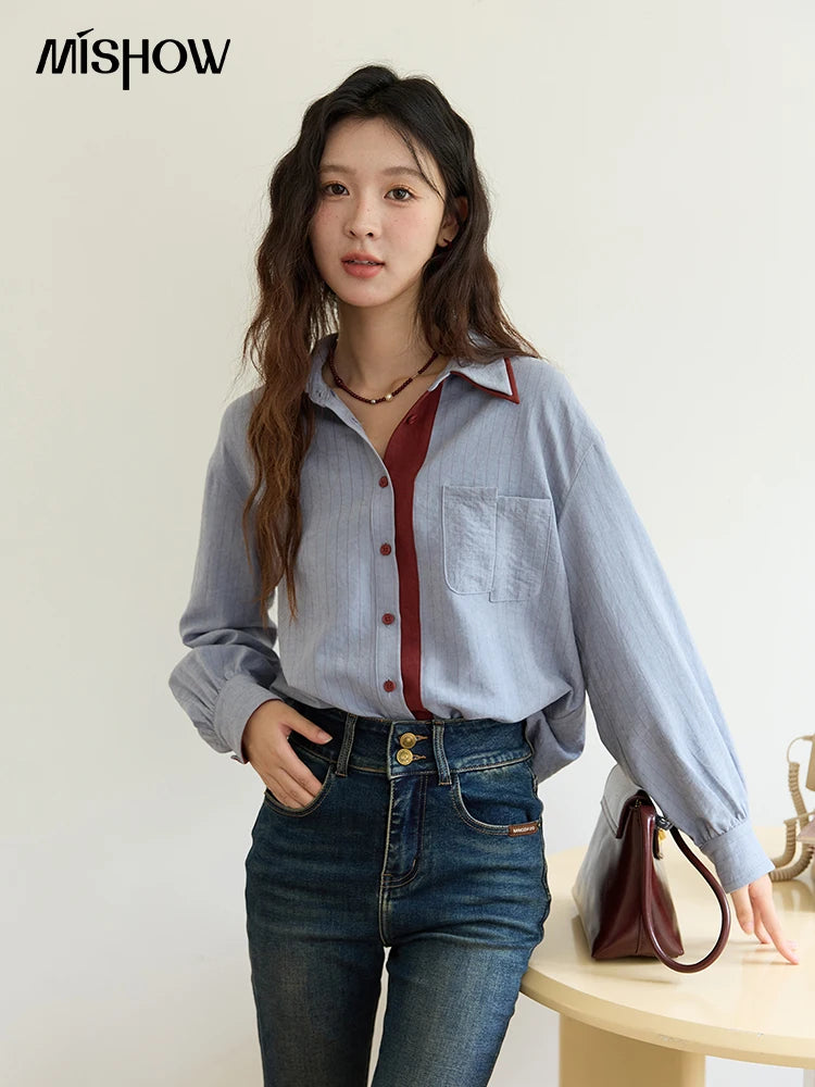 MISHOW Striped Shirt for Women Autumn 2025 Blue Red Splicing Contrasting Color Shirts Laple Loose Retro Commute Top MXE46C2405