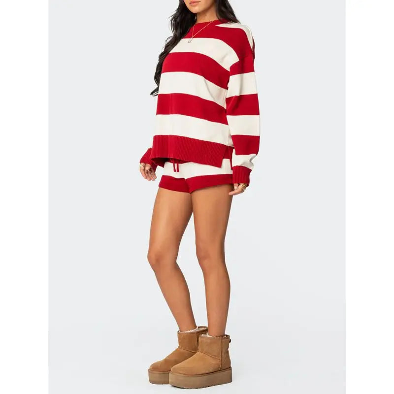 Women’s Striped Knit 2-Piece Set – Split Sweater Top & Drawstring Shorts