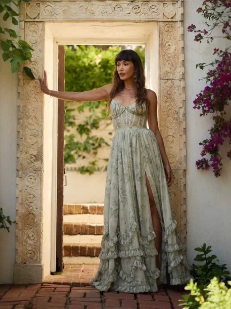 Sexy Summer Beach Dress 2025 Women Spaghetti Strap Vacation Holiday Long Dresses Elegant Ruffles Printed Vestidos Para Mujer