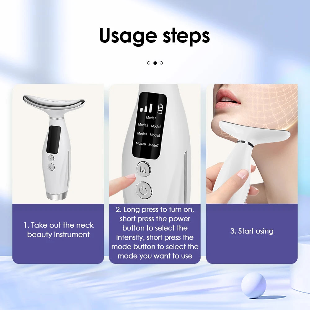Colour Light Face And Neck Beauty Instrument 7 Modes And 7 Speeds Adjustment With Curved Hand Grip Neck Beauty Instrument