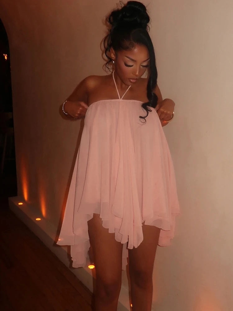 Nibber Asymmetrical Hem Dress Women Halter Bandage Sleeveless Backless Solid Beach Party Sexy 2026 Summer New Trend Mini Bodycon