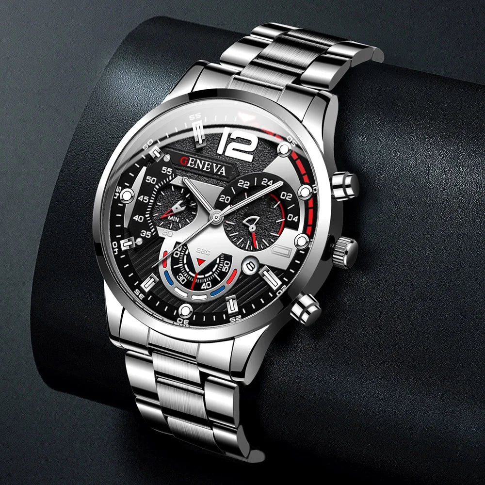 4pcs/set Fashion Men's Watches Silver Steel Band Quartz Watch Male Business Watches Jewelry Set（Without Box）