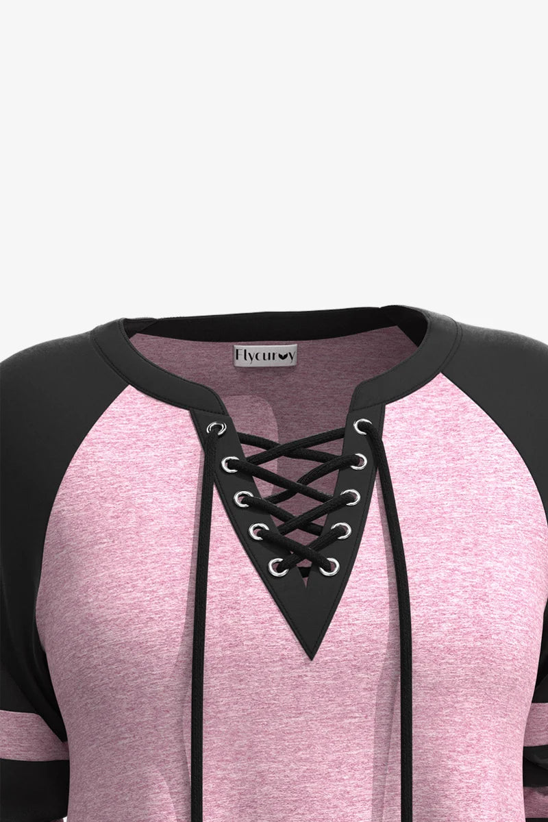 Women’s Plus Size Lace-Up Colorblock V-Neck Top – Pink Long Sleeve Casual Splice T-Shirt (1XL–5XL)