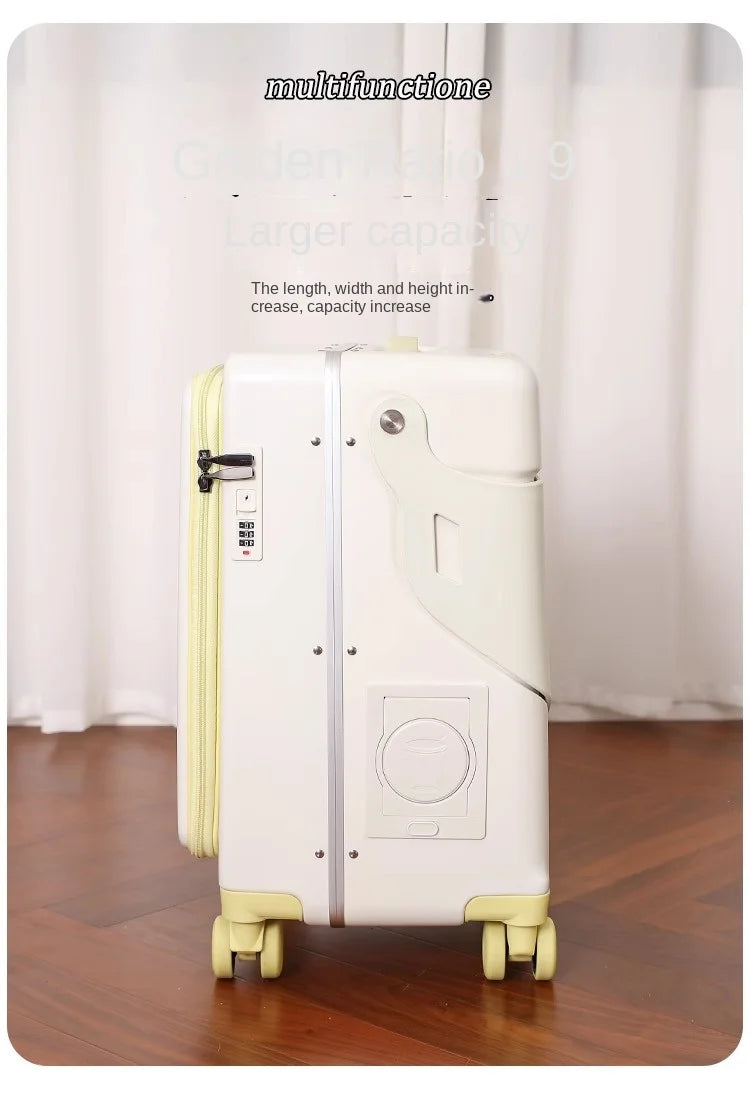 2025 New suitcase for children can Sit 20/22 inch Ride on Luggage Front Opening Sturdy Thickened Travel suitcase with Cup Holder