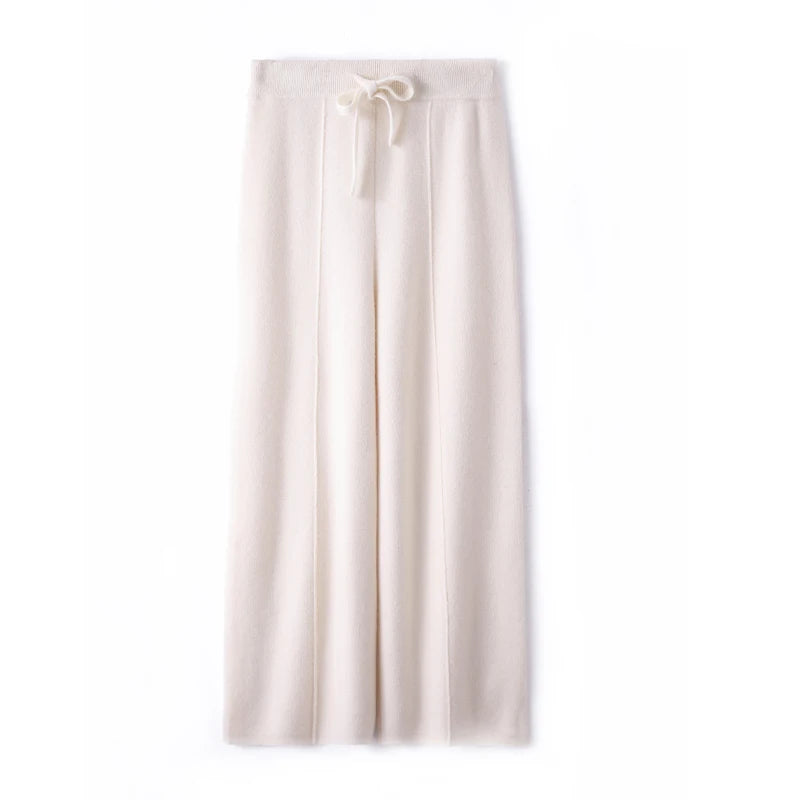 Women’s High-Waist Belted Knit Pants – Solid Color, Center-Crease Wide-Leg (Autumn/Winter 2026)