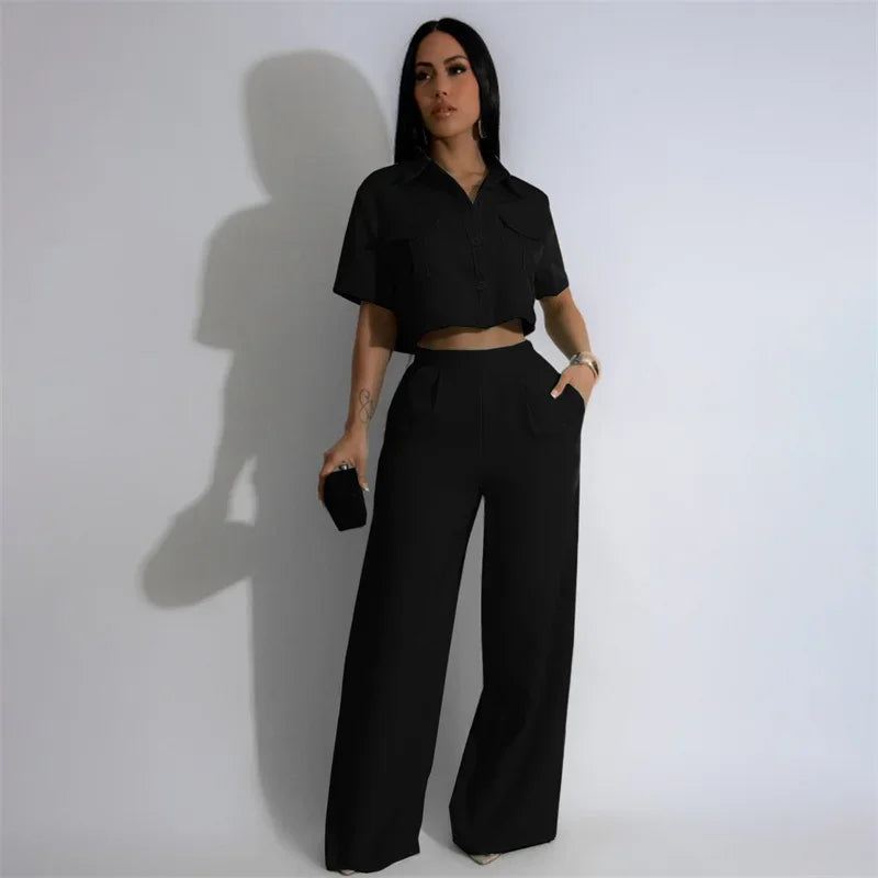 Solid Elegant Pant Sets Womens 2 Piece Outfit Summer 2026 Turn-down Collar Button Up Pockets Shirt Top and Wide Leg Pants Suit