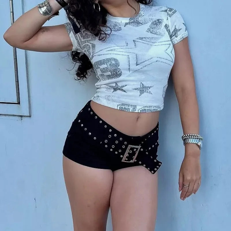 Women’s Studded Mini Denim Shorts – Y2K Clubwear Micro Fit