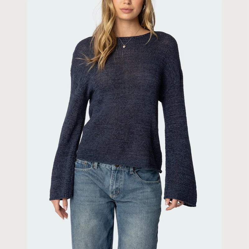 Women’s Y2K Sheer Knit Sweater – Oversized Striped Pullover