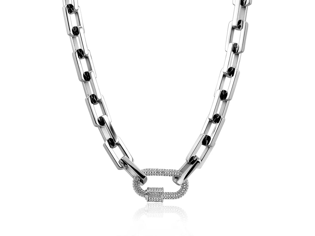 18K Gold & Silver Chunky Paperclip Chain Necklace | Zircon Carabiner Lock Minimalist Jewelry