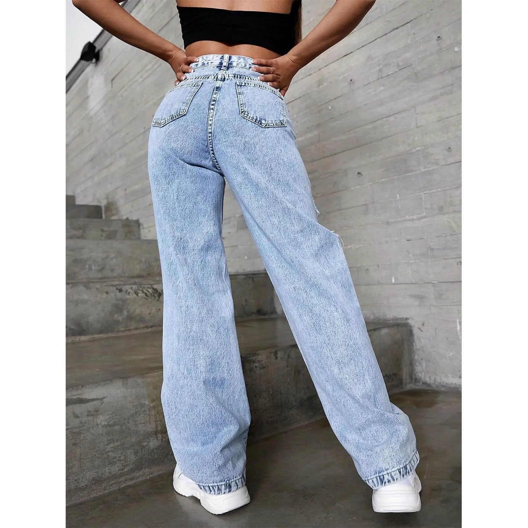Women’s High-Waist Ripped Jeans – Mid-Stretch Trendy Denim