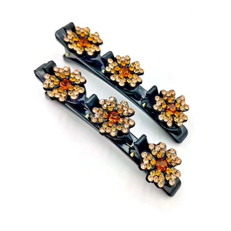 2Pcs/Set Rhinestone Flowers Hair Clip Fashion Double Layer  Braided Hairpins Women Headwear