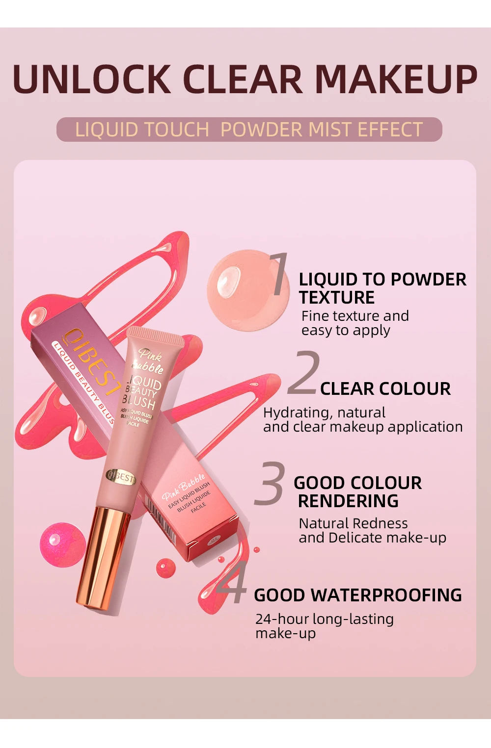 QIBEST Cushion-Applicator Liquid Blush (Waterproof, Soft-Matte)