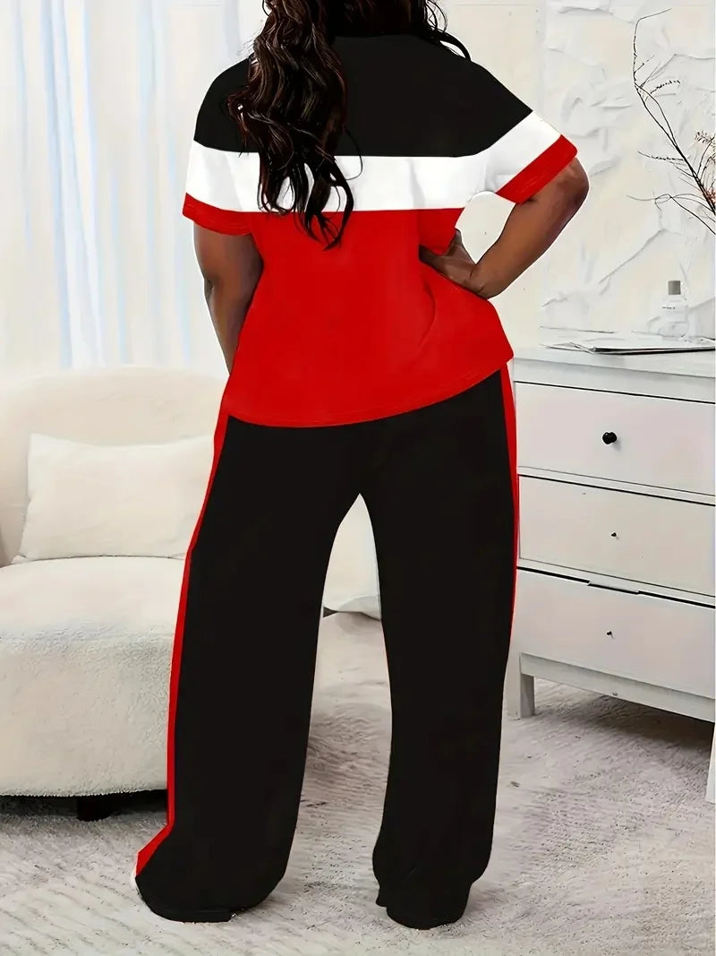 Plus Size Women's Casual Short-Sleeved Striped Printed Loose Pocket Pants Suit