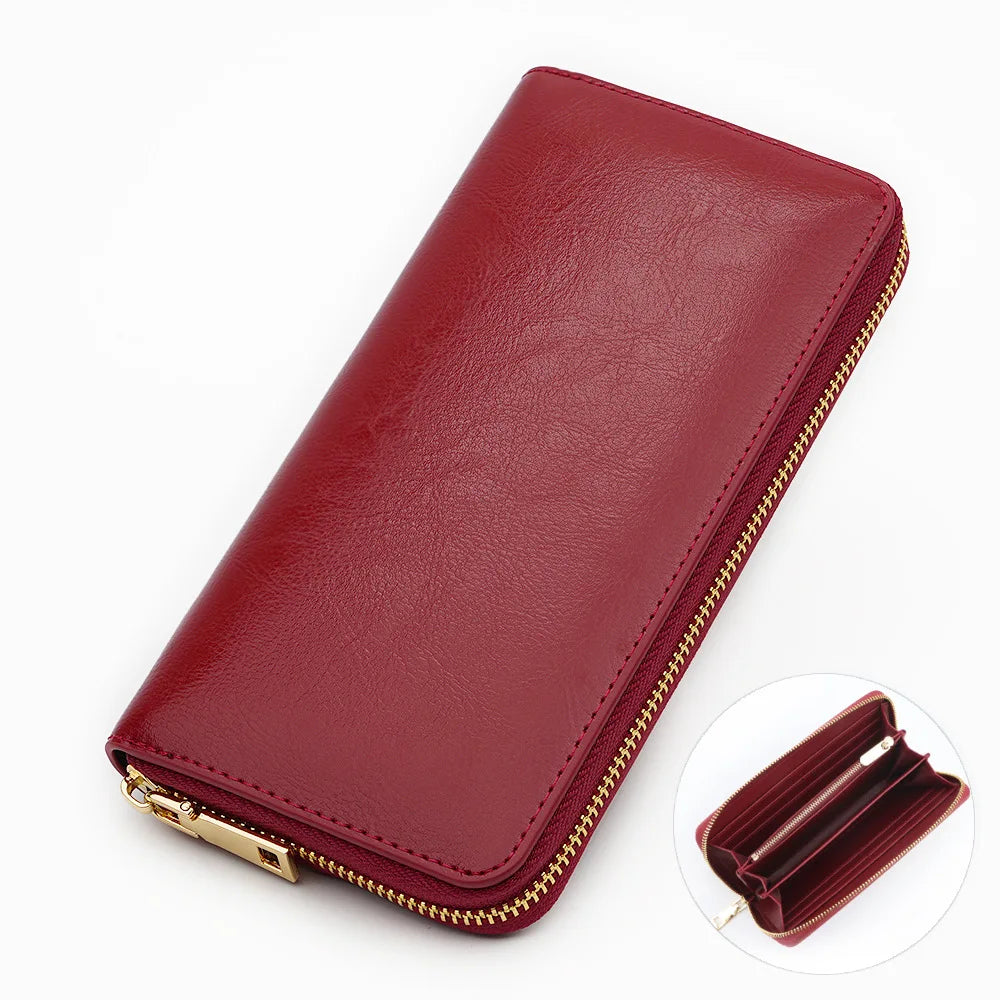 New Oil Waxed Cowhide Women's Zipper Wallet Long Genuine Leather Large Capacity Handbag Japan Style