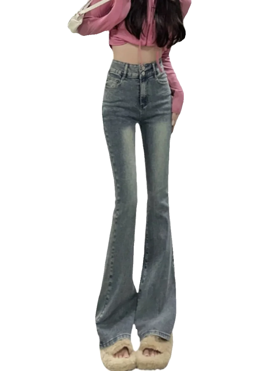 Fce Lined Thiened Autumn Winter American Sle High Waist Slim Fit Drapey Micro Flared Jeans Women's Premium Denim Pants