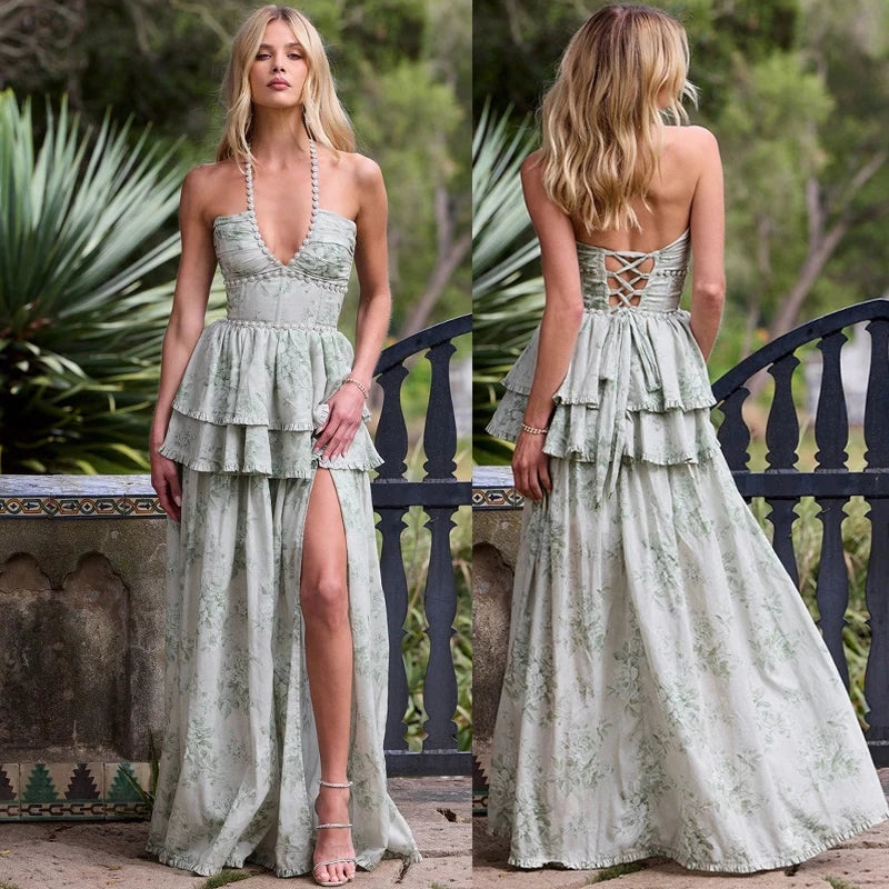 Giyu Sexy Pearl Evening Club Party Dresses Women Summer Dress Elegant Spaghetti Strap Backless Lace Up Maxi Long Ruffles Robe