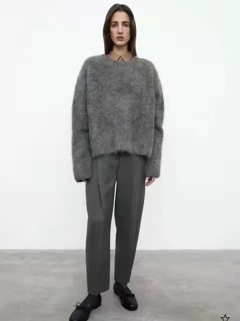 Women’s Oversized Fluffy Sweater – Off-Shoulder, Ultra-Long Sleeves, Crewneck Pullover (Autumn/Winter, JZ005)