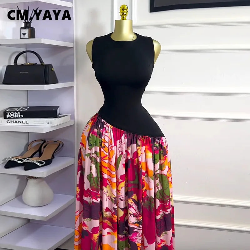 CM.YAYA Women Sleeveless with Sashes Printed Patchwork Tank Long Maxi Dress 2025 Birthday Evening Sexy Party Dresses Vestidos