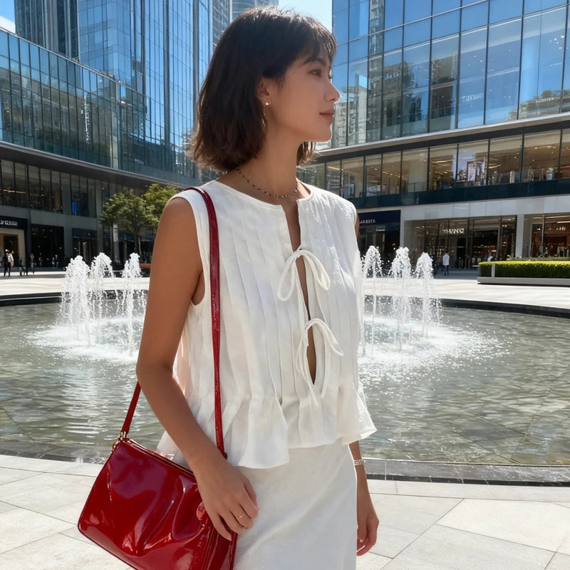 Linen Cotton Pleated Lace Up Sleeveless Short Shirt Blouse Women Slim Waist Crop Top Female Pleated Shirts 2024 New White