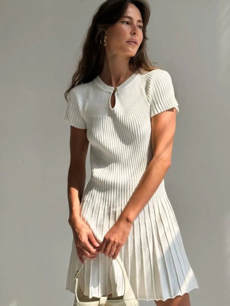 Ribbed Knitting A-line Short Dress Chic Elegant Slim Summer Dress 2025 Short Sleeve Round Neck Fashion New Dresses Vestidos