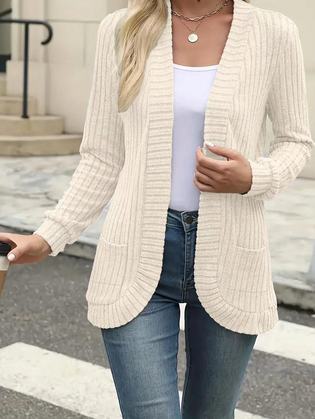 New fashion women's solid color casual pit stripe brushed cardigan jacket