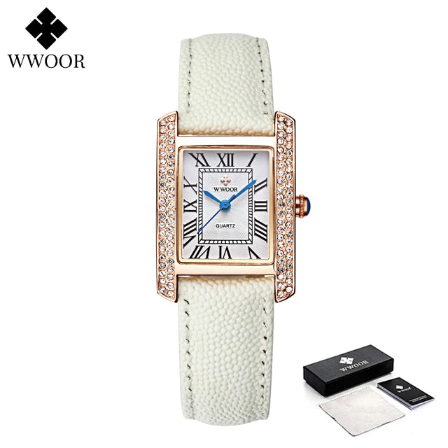 WWOOR Elegant Women's Watches Square Diamond Ladies Watch Waterproof Luxury Brand Leather Quartz Bracelet Watches Zegarek Damski
