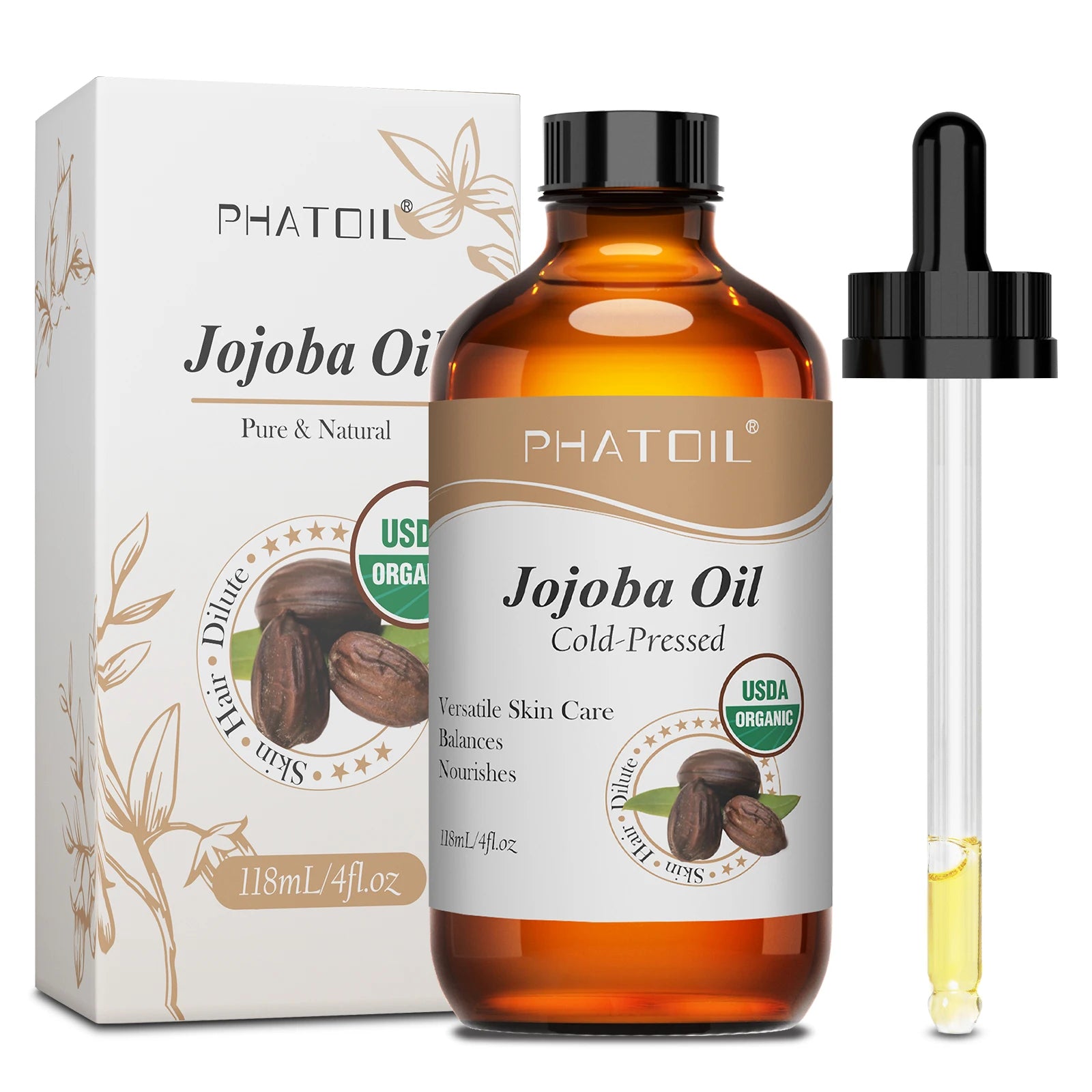 PHATOIL 118ml Organic Face Oil Natural Cold Pressed USDA Carrier Oils- Castor Oil,Jojoba,Moroccan Argan Oil,Rosehip Seed Oil