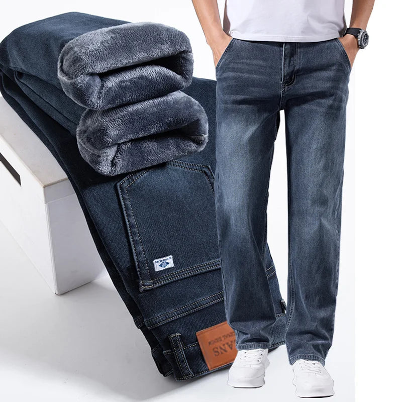 Men's Winter Warm Fleece Lined Thick Stretchable Business Casual Jeans Lightweight Trousers for Office And Daily Wear