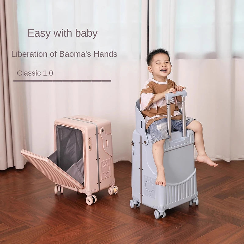 2025 New suitcase for children can Sit 20/22 inch Ride on Luggage Front Opening Sturdy Thickened Travel suitcase with Cup Holder