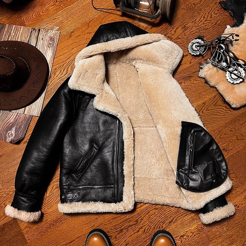 CC Shop Best.Mens High quality 100% real fur jacket.Classic B3 winter warm thick leather coat.narural sheepskin with wool.Thick