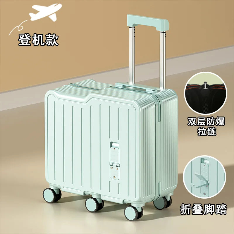 2024 Newest Design Children Luggage Sitting and Riding Mini 20 Inch Travel Boarding Suitcase Six Wheels With Folding Foot Pedal