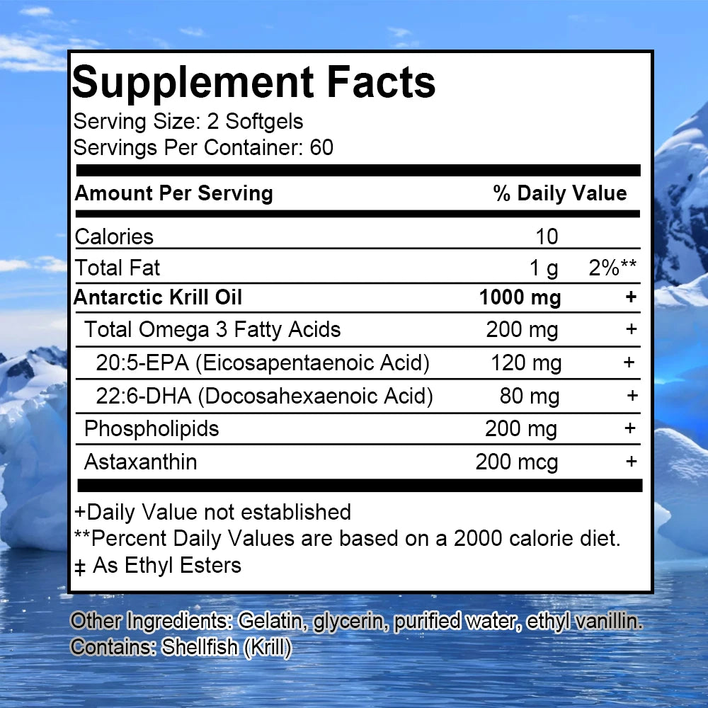 Antarctic Krill Oil 1000 Mg, Omega-3 EPA, DHA, Natural Astaxanthin, Maximum Strength for Heart & Joint Health, 120 Capsules