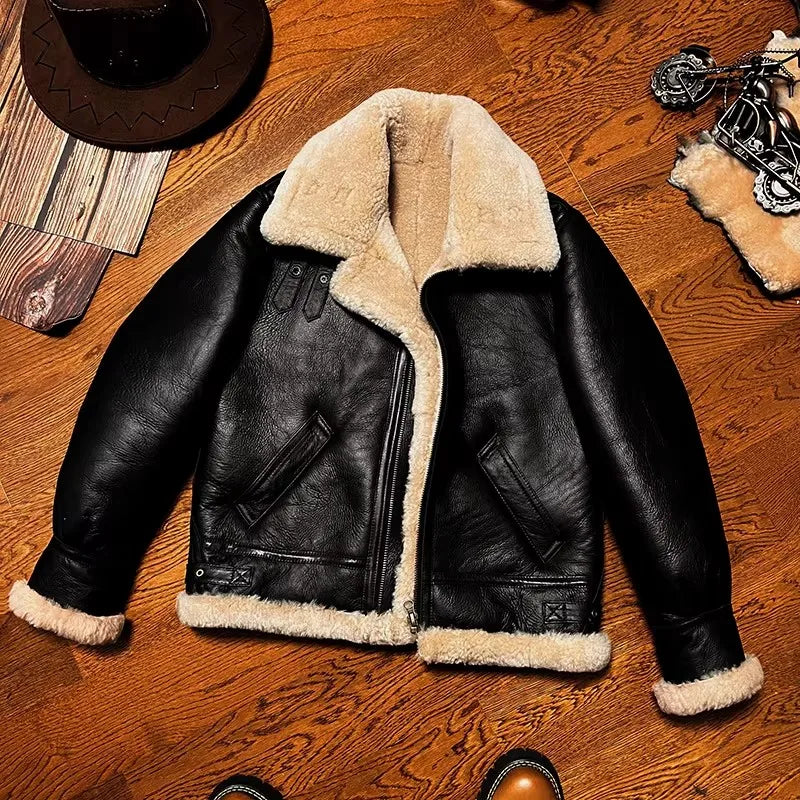 CC Shop Best.Mens High quality 100% real fur jacket.Classic B3 winter warm thick leather coat.narural sheepskin with wool.Thick