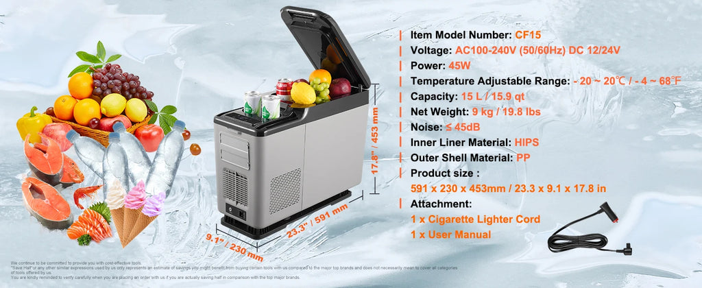 SucceBuy 15L Car RefrigeratorCar Armrest Refrigerator Fridge Single Zone Freezer -4℉-68℉ Adjustable Range 12/24V DC and Cooler