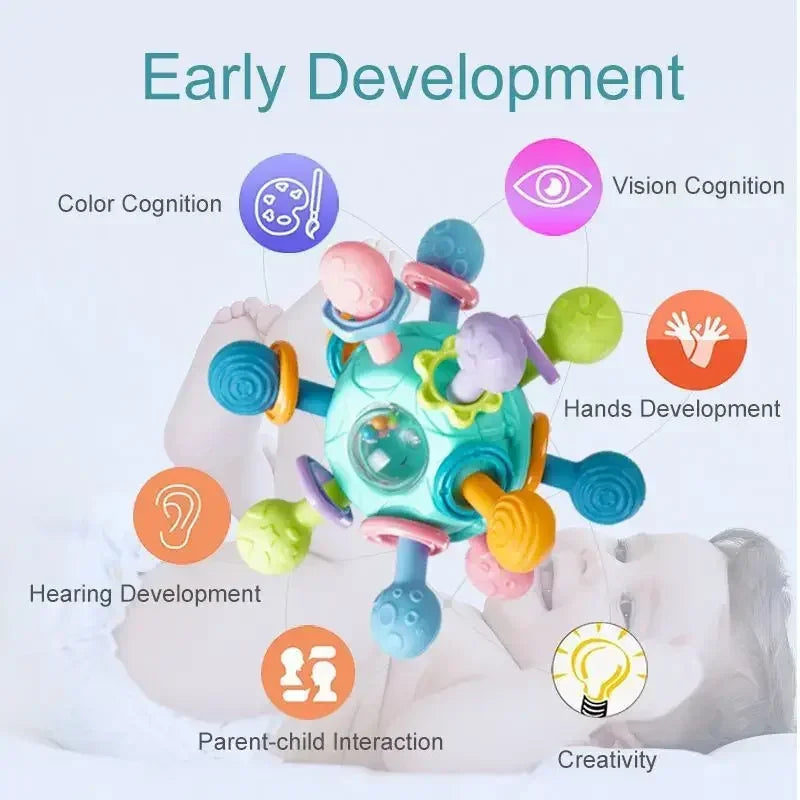 Baby Toys 0 12 Months Rotating Rattle Ball Grasping Activity Baby Development Toy Silicone Teether Baby Sensory Toys for Babies