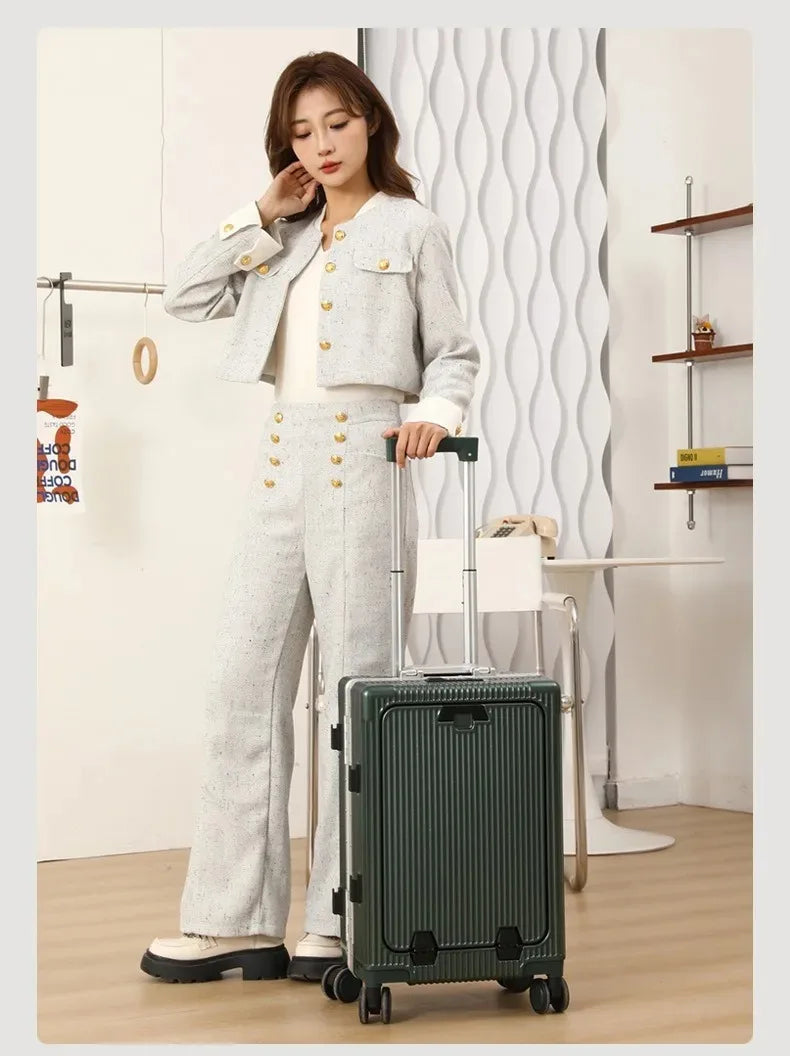 Suitcase Front Opening Pocket Aluminum Alloy Frame Rolling Luggage with USB Charging Plug Trolley Carry-on Case Bag with Wheel