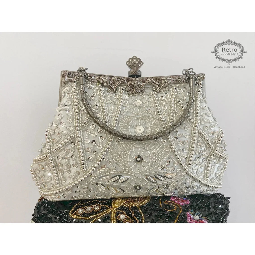 Lost in Vintage Clutch Handbag Beaded and Sequin Kiss-lock Closurer Shoulder Bag Crossbody Detachable ChainProm Evening Party